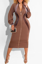 ブラウンファッションカジュアルソリッドパッチワークジッパーカラー長袖ドレス