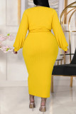 Earth Yellow Fashion Casual Solid Bandage O Neck Plus Size Two Pieces