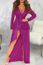 Rose Rouge Fashion Sexy Bronzing Slit V Neck Robes à manches longues
