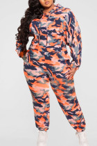 Tangerine Casual Print Camouflage Print Split Joint Hooded Collar Plus Size Two Pieces