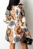 White Casual Print Patchwork Buckle With Belt Turndown Collar Shirt Dress Dresses