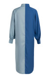 Robes bleu profond mode casual patchwork basique col rabattu manches longues