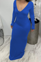 Синие сексуальные однотонные лоскутные платья с V-образным вырезом
