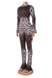Leopardtryck Casual Animal Print Patchwork Half A Turtleneck Boot Cut Jumpsuits