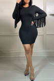 Black Casual Solid Tassel Patchwork O Neck One Step Skirt Dresses
