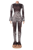 Casual jumpsuits met luipaardprint, patchwork, halve col en bootcut met dierenprint