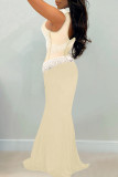 Абрикосовое модное сексуальное лоскутное горячее сверление прозрачное вечернее платье с высоким вырезом