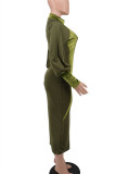 Bruine mode-casual effen patchwork-jurken met ritskraag en lange mouwen