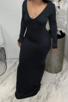 Zwarte sexy effen patchwork jurken met V-hals