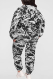 Grå Casual Print Camouflage Print Patchwork Hooded Collar Plus Size Two Pieces