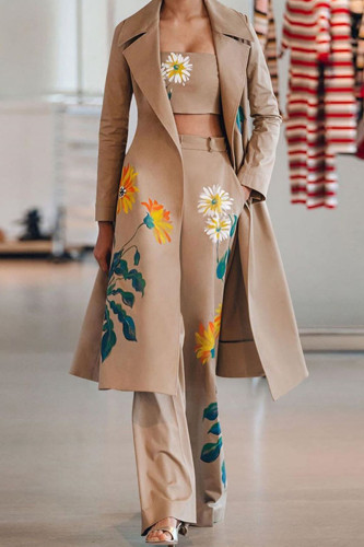 Khaki Casual Print Patchwork Turn-back Collar Long Sleeve Two Pieces