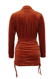 Tangerine Red Sexy Solid Patchwork Turndown Collar Long Sleeve Two Pieces