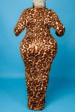 Robe jaune mode décontracté imprimé léopard basique col rond manches longues grande taille