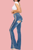 Blaue, modische, lässige, feste, zerrissene Bandage mit hoher Taille und normaler Denim-Jeans
