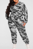 Färg Blå Casual Print Camouflage Print Patchwork Hooded Collar Plus Size Two Pieces