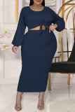 Light Blue Fashion Casual Solid Bandage O Neck Plus Size Two Pieces