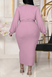 Фиолетовый модный повседневный сплошной бинт с круглым вырезом плюс размер из двух частей