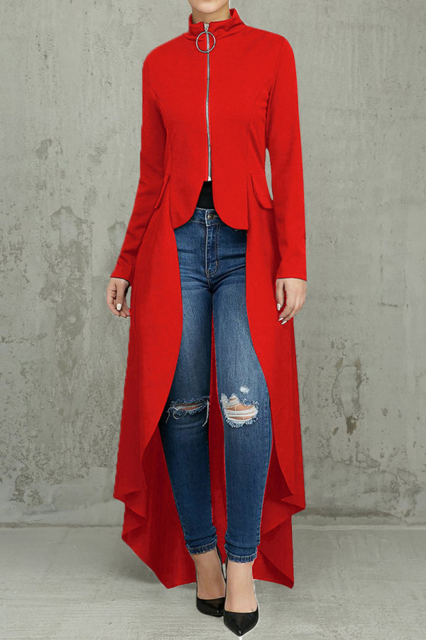 Rode casual effen patchwork asymmetrische rits onregelmatige jurkjurken