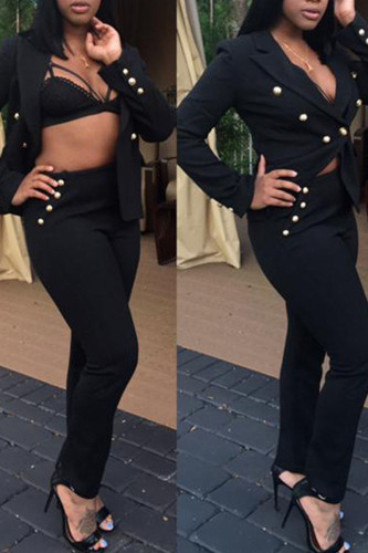 Black Casual Solid Patchwork Buckle Turn-back Collar Long Sleeve Two Pieces