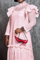 Rosafarbene Mode-Patchwork-Quaste, ausgehöhlt, durchsichtiger halber Rollkragen, Langarm, zweiteilig