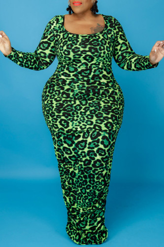 Green Fashion Casual Print Leopard Basic O Neck Long Sleeve Plus Size Dresses