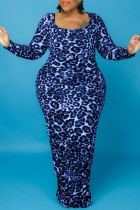 Vestidos azuis moda casual estampa leopardo básico gola redonda manga longa plus size
