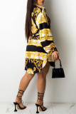 Black Yellow Casual Print Patchwork Buckle With Belt Turndown Collar Shirt Dress Dresses