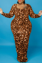 Gult Mode Casual Print Leopard Basic O-hals Långärmad Plus Size Klänningar