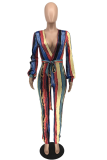 Multicolor Sexy Print Patchwork V Neck Straight Jumpsuits