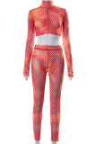 Red Sexy Print Mesh Half A Turtleneck Long Sleeve Two Pieces