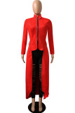 Vestidos irregulares com zíperes assimétricos em patchwork liso vermelho arroxeado