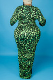 グリーンファッションカジュアルプリントヒョウベーシックOネック長袖プラスサイズのドレス