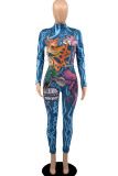 Lake Blue Sexy Print Patchwork Turtleneck Long Sleeve Two Pieces