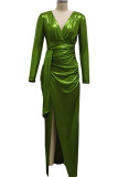 Vestidos de manga longa verde moda sexy bronze com fenda e decote em v