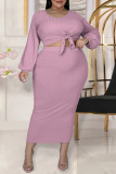 Purple Fashion Casual Solid Bandage O Neck Plus Size Two Pieces