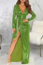 グリーンファッションセクシーなブロンズスリットVネック長袖ドレス
