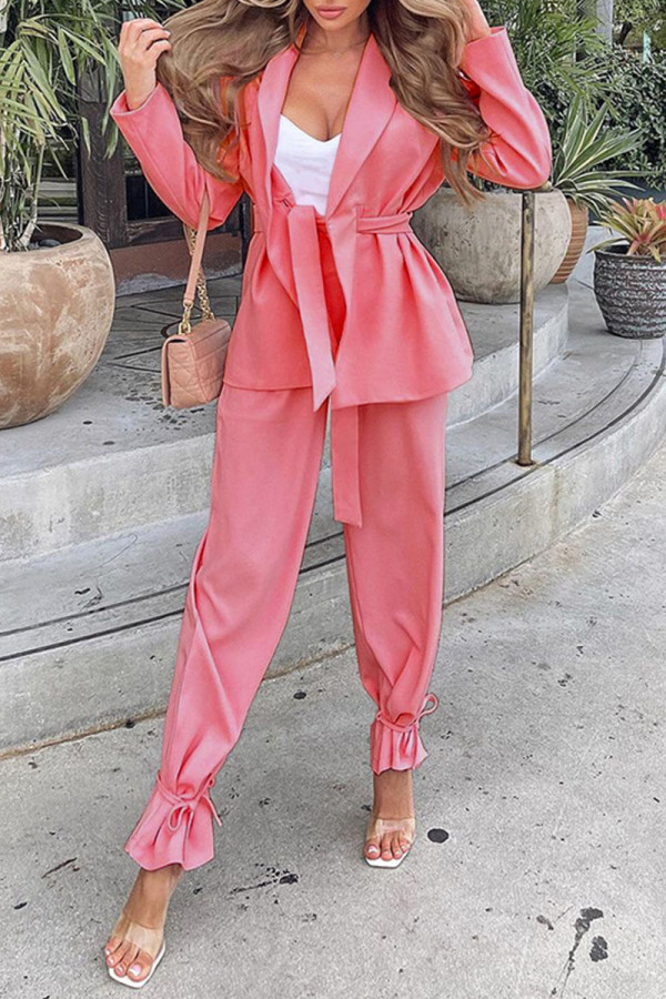 Pink Casual Solid Patchwork With Belt Turn-back Collar Long Sleeve Two Pieces