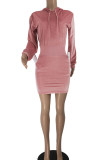 ピンク カジュアル ソリッド パッチワーク フード付き カラー ロング スリーブ ドレス