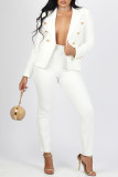White Casual Solid Patchwork Buckle Turn-back Collar Long Sleeve Two Pieces
