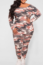 Orange Pink Casual Print Camouflage Print Patchwork O Neck Plus Size Two Pieces