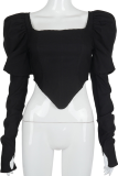 Black Sexy Solid Patchwork Square Collar Tops