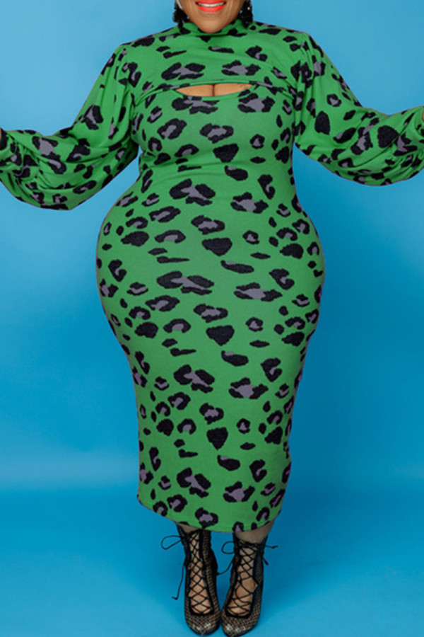 Cuello alto ahuecado con estampado informal de moda verde de talla grande de dos piezas