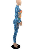 Lake Blue Sexy Print Patchwork Turtleneck Long Sleeve Two Pieces