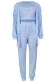 Blau Mode Casual Solid Cardigan Westen Hosen U-Ausschnitt Langarm Dreiteiliges Set