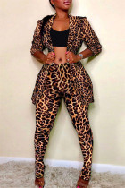 Леопардовый принт мода повседневная печать кардиган брюки отложной воротник с длинным рукавом две части