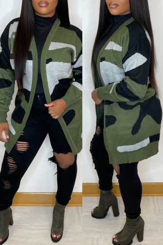 Armégrönt Mode Casual Cardigan Camouflage Långärmade Ytterkläder