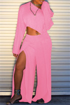 ピンクファッションカジュアルソリッドスリット斜め襟長袖ツーピース