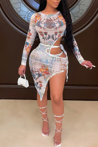 White Sexy Print Hollowed Out Patchwork Frenulum See-through Asymmetrical O Neck Long Sleeve Two Pieces