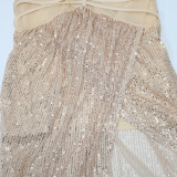 Абрикосовое сексуальное сплошное выдолбленное лоскутное асимметричное платье с блестками и лямкой на шее, одноступенчатое платье-юбка