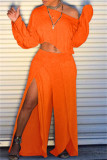 オレンジファッションカジュアルソリッドスリット斜め襟長袖ツーピース